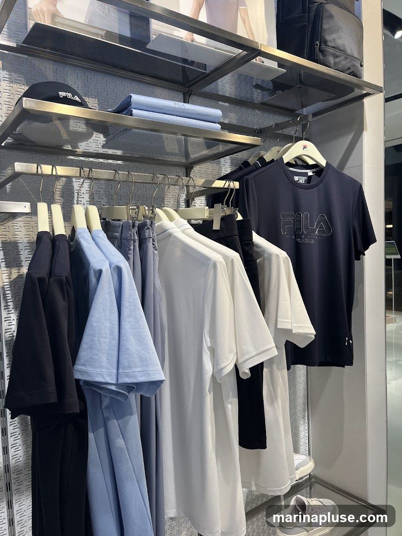 A retail display featuring various Fila branded apparel, including t-shirts in black, light blue, white, and navy. There are also pants or shorts visible. A black Fila cap is on a shelf above the hanging clothes, along with folded blue shirts. A black backpack is also on a shelf. White Fila sneakers are displayed on a lower shelf.