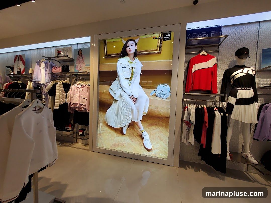 A brightly lit retail store interior showcasing Fila Golf apparel. A large illuminated display features a model wearing a white outfit. Racks of clothing, including sweaters, skirts, and jackets in various colors like red, black, white, and pink, are displayed. Mannequins are dressed in Fila branded outfits. Signage for "Fila" and "Golf" is visible.