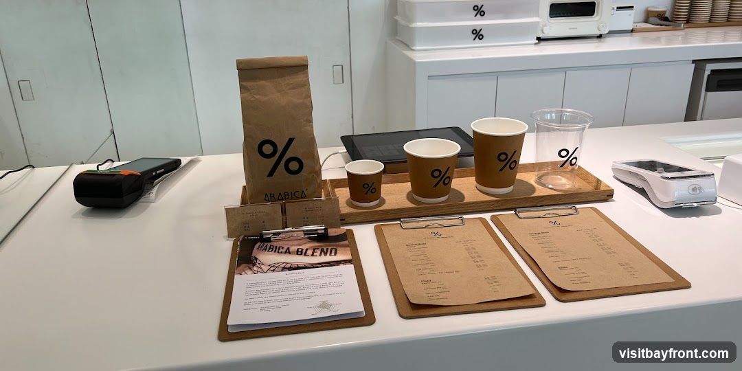 A clean, modern coffee shop counter display features branded coffee cups, a bag of Arabica beans, and payment terminals. Two clipboards with menus are prominently displayed, along with a tablet and a small toaster oven in the background. The overall aesthetic is minimalist and organized.