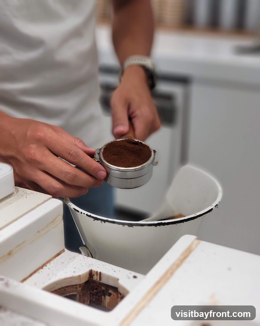 A barista is holding a portafilter filled with coffee grounds over a knock box. The background is blurred, showing a clean, modern cafe interior.