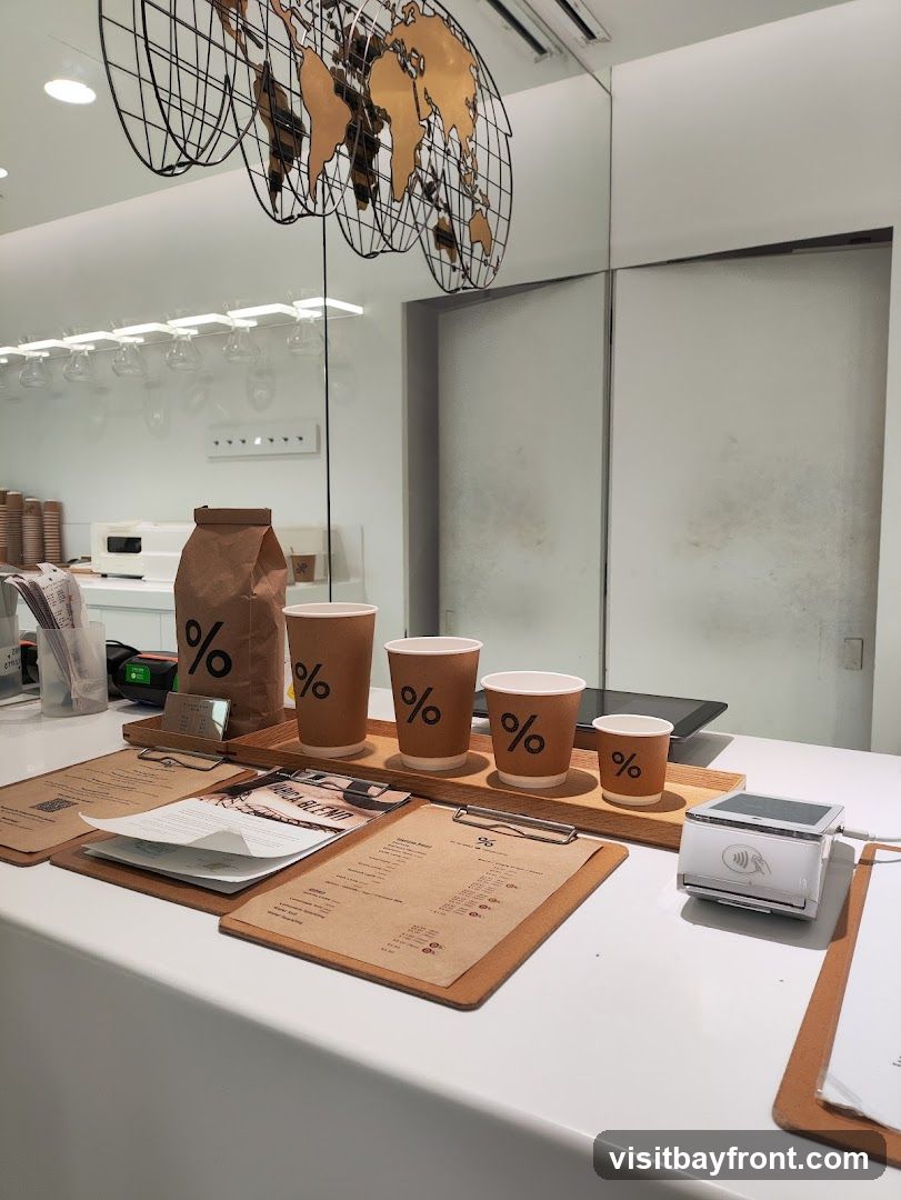 A coffee shop counter displays several paper cups with the '%' logo, a paper bag with the same logo, and a wooden tray holding the cups. In front of the cups are menus on clipboards. A credit card reader is visible on the right side of the counter. A large wireframe map of the world hangs on the wall behind the counter, reflected in a mirror.