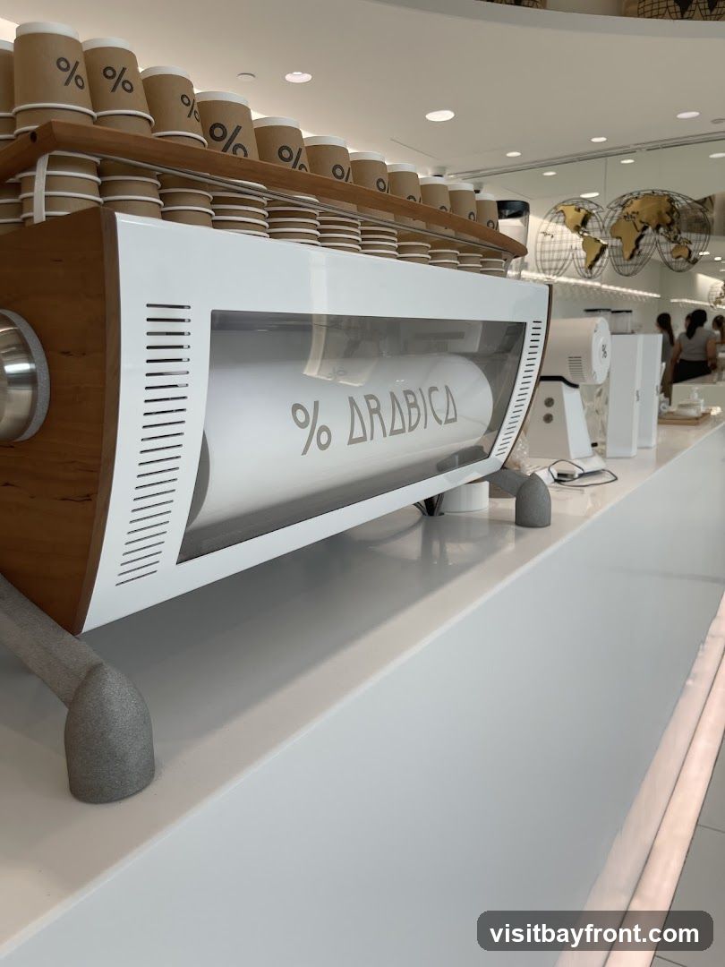 A close-up shot of a white and wood coffee machine with the % Arabica logo prominently displayed on a cylindrical component. Stacks of paper cups with the same logo are visible on a shelf above the machine. In the background, a world map decoration and other cafe equipment can be seen, along with blurred figures of people.