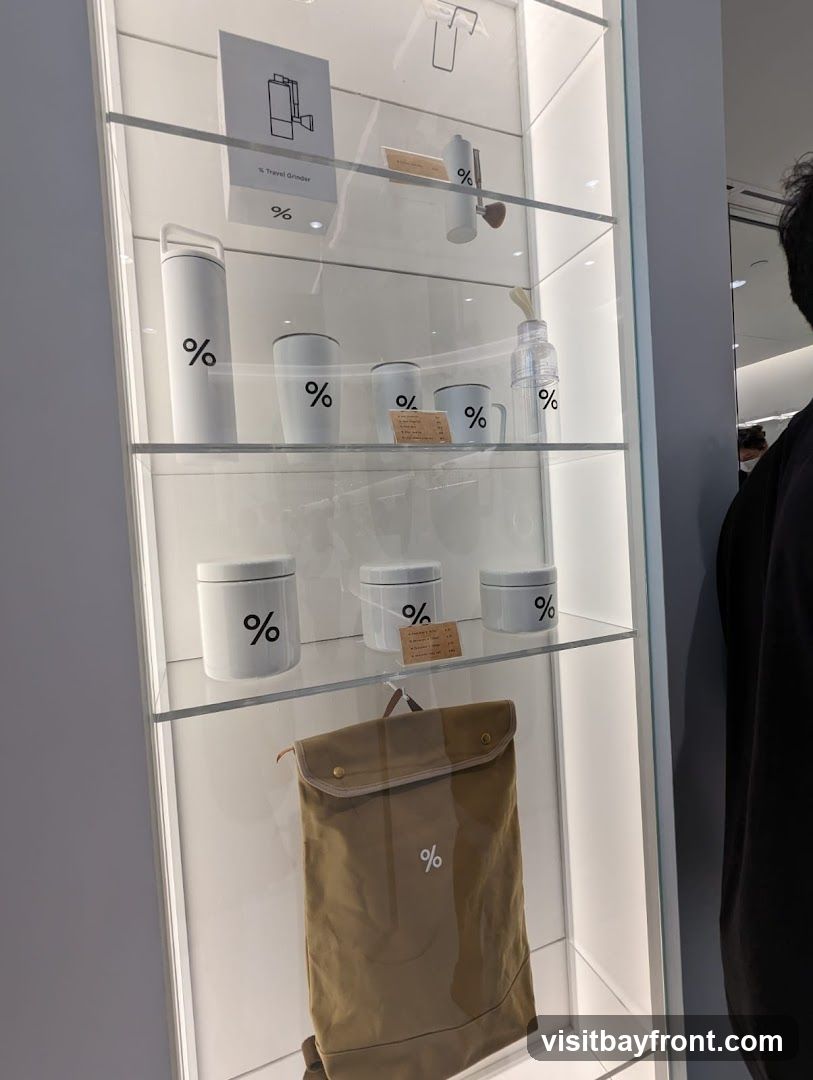 A display case filled with various merchandise, all featuring a prominent percentage sign logo. Items include a travel grinder, water bottles, tumblers, mugs, canisters, and a canvas backpack. The merchandise is neatly arranged on shelves within a brightly lit display cabinet.