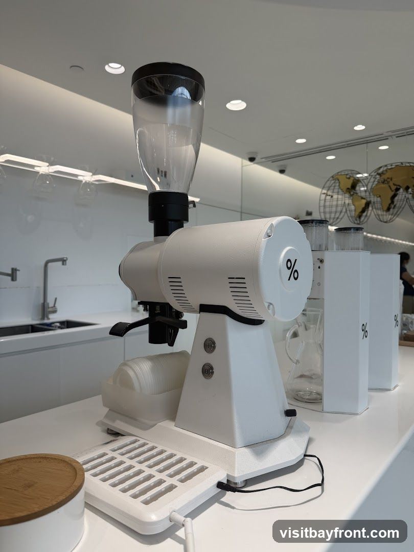 A white coffee grinder with a clear hopper is prominently displayed on a white countertop. To its right, two white boxes with a black percentage sign logo are visible, along with a glass carafe. In the background, a sink and faucet are integrated into a white counter, and decorative globes depicting world maps hang on the wall. The overall aesthetic is clean and modern, suggesting a coffee shop or cafe environment.
