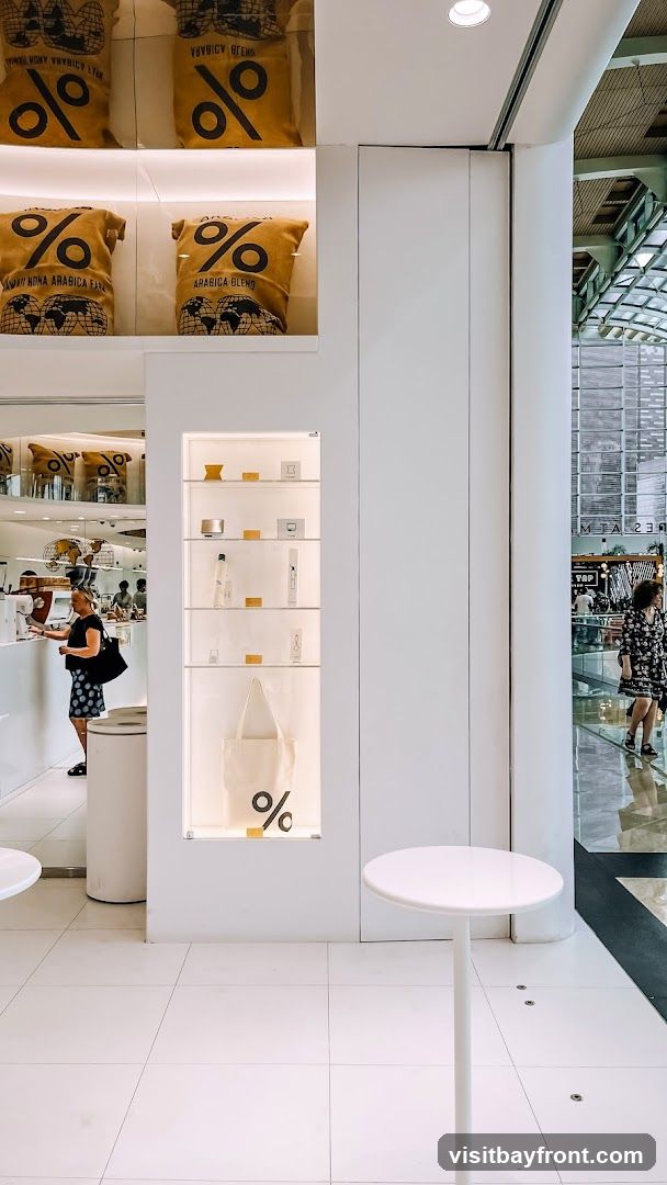 A clean and minimalist interior of a coffee shop. Shelves display bags of coffee beans with a distinctive percentage logo, as well as various merchandise like a tote bag and bottles. A woman is seen at the counter, possibly ordering. White tables and tiled flooring contribute to the bright and airy ambiance. In the background, a glimpse of a busy shopping mall can be seen through a glass partition.