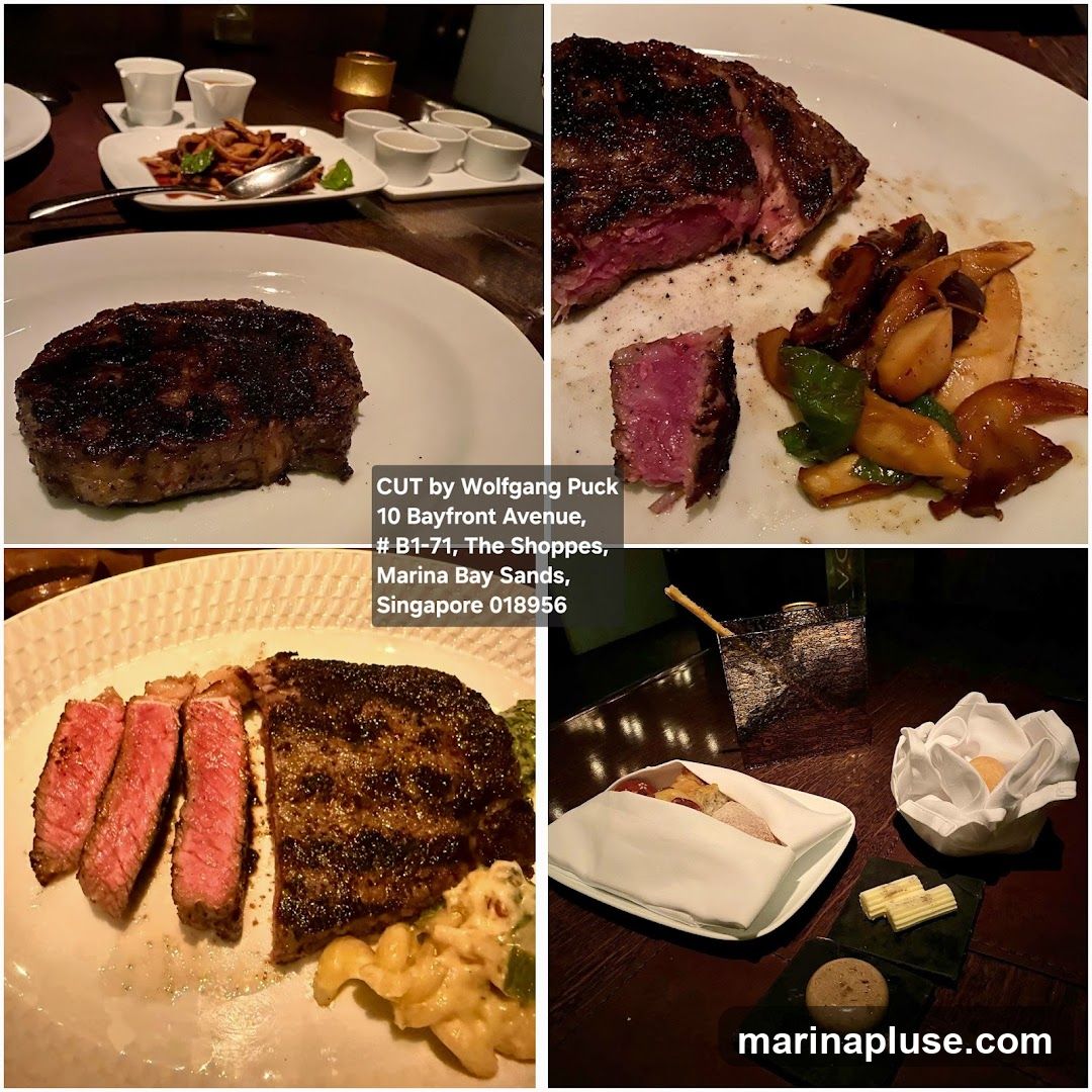 A collage of images showcasing a steak dinner at CUT by Wolfgang Puck. The images feature whole and sliced steaks, side dishes, bread, butter, and a drink. The restaurant's address is visible in the center of the collage.