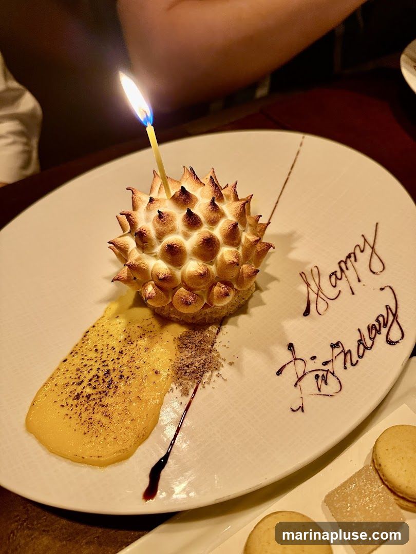 A dessert with a lit candle on top is presented on a white plate. The dessert is covered in toasted meringue and sits on a bed of yellow custard. Chocolate sauce is drizzled on the plate, and the words "Happy Birthday" are written in chocolate. There are also macarons and a small square of jelly on the side.