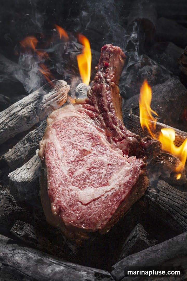 A thick, marbled cut of raw beef is being grilled over hot coals and burning wood. Flames and smoke rise around the meat, indicating it is cooking. The close-up shot highlights the texture and marbling of the steak.