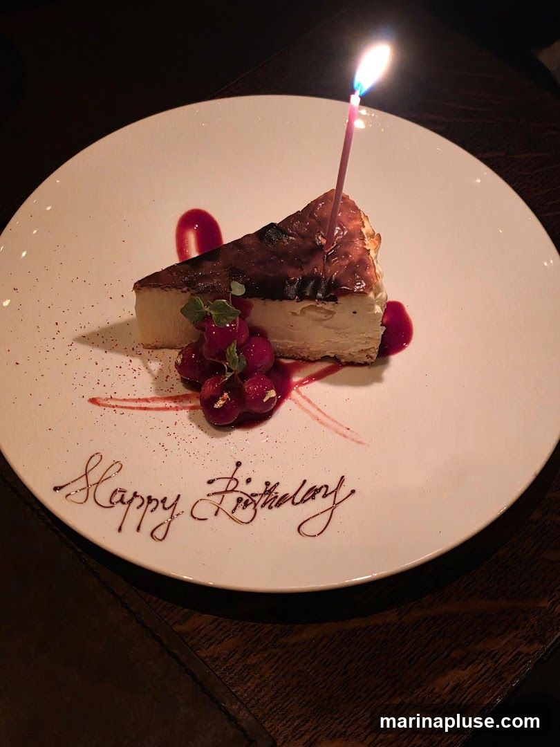 A slice of cheesecake with a burnt top is served on a white plate. It is decorated with a red berry sauce, a sprig of mint, and a few cherries. A single birthday candle is lit on top of the cake. The words "Happy Birthday" are written on the plate in chocolate sauce.
