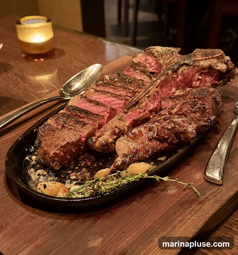 A sliced porterhouse steak is served on a cast iron platter with garlic and thyme. The steak is cooked to a medium-rare, with a pink interior and a seared crust. The platter is placed on a wooden board, and a lit candle is visible in the background.