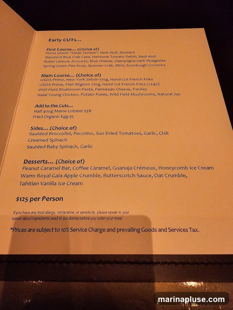 A menu with sections for Early Cuts, Main Course, Add to the Cuts, Sides, and Desserts. The price is $125 per person.