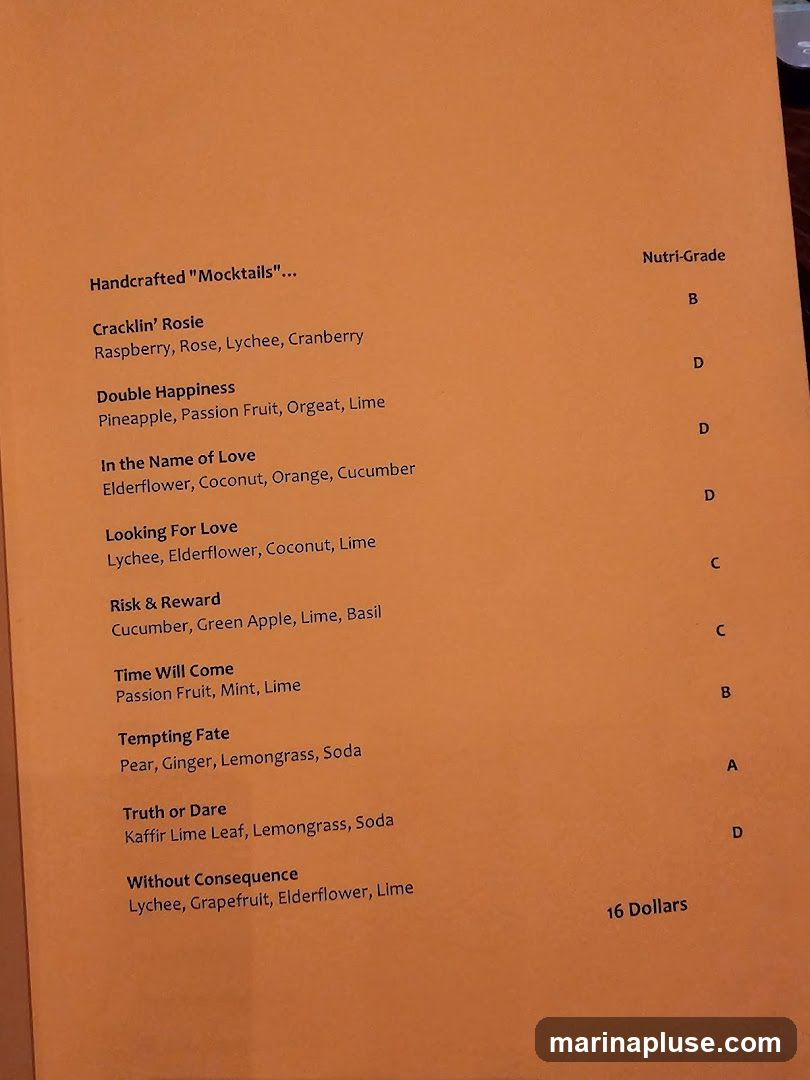 A menu of handcrafted mocktails with their ingredients and a Nutri-Grade rating.