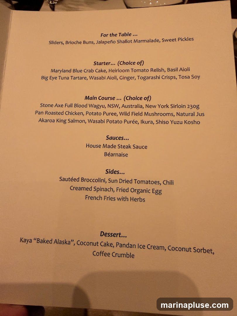 A menu with sections for 'For the Table', 'Starter', 'Main Course', 'Sauces', 'Sides', and 'Dessert'.