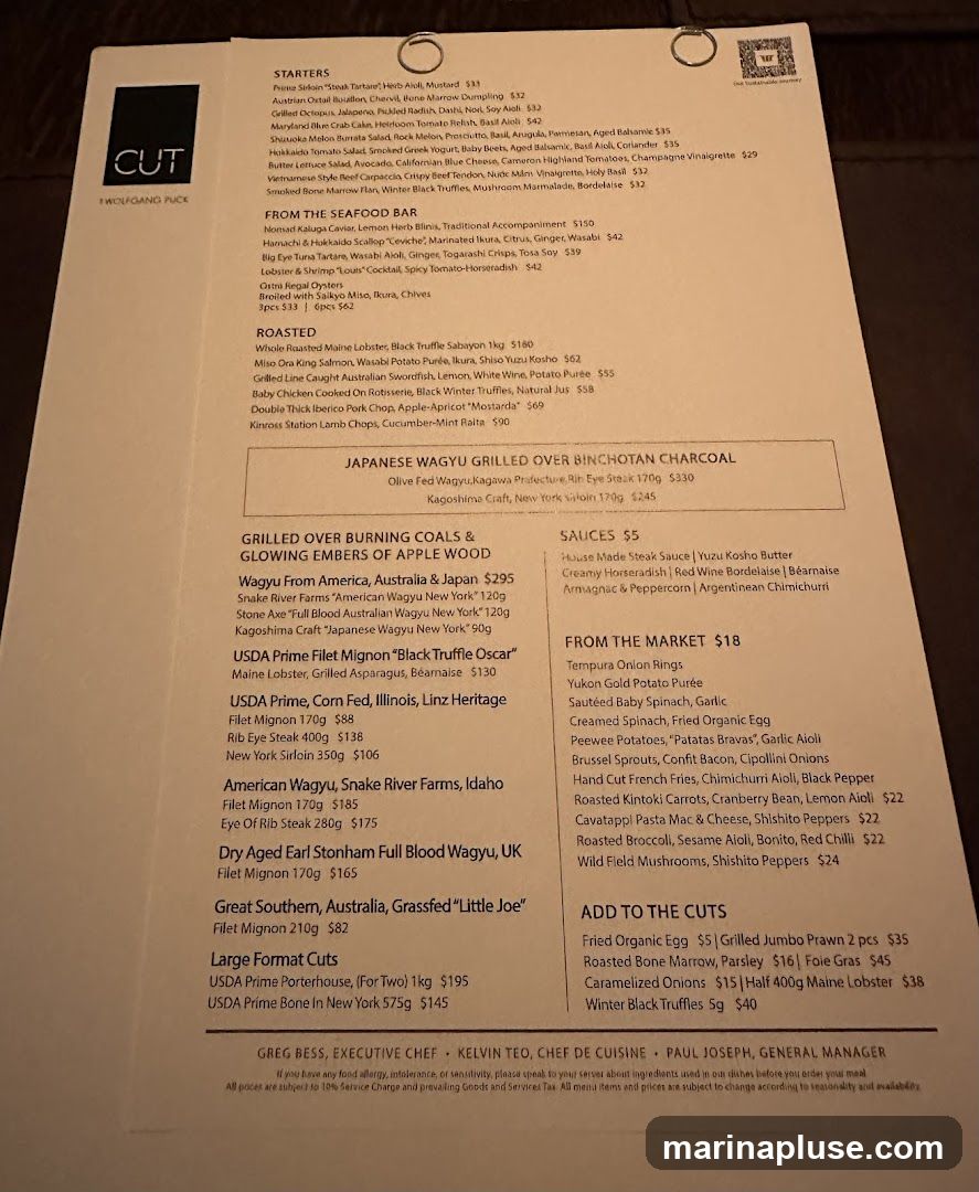 A menu with starters, seafood, roasted dishes, Japanese Wagyu, grilled items, market specials, and add-ons.