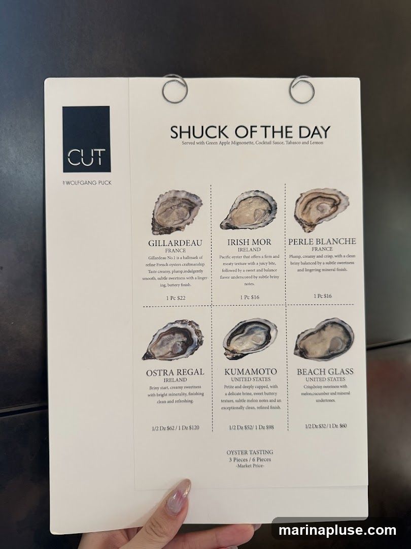 Oyster menu featuring Gillardeau, Irish Mor, Perle Blanche, Ostra Regal, Kumamoto, and Beach Glass oysters.