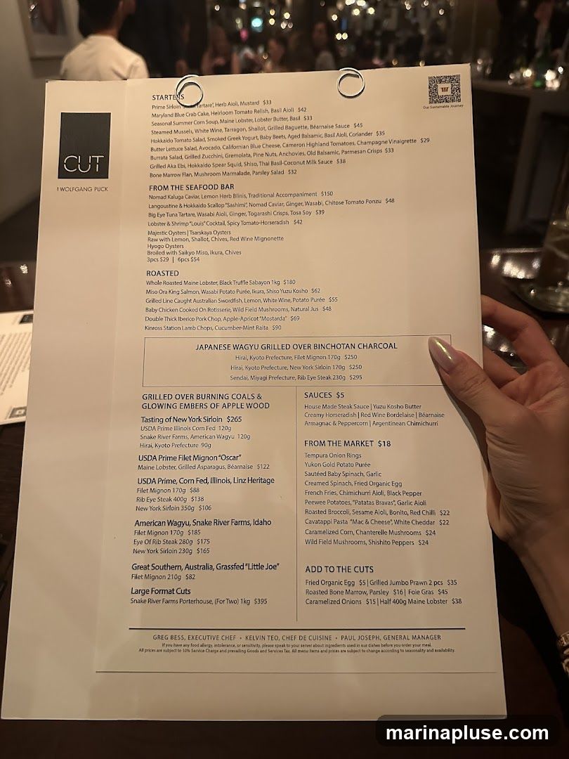 A menu from CUT by Wolfgang Puck, featuring starters, seafood, roasted dishes, Japanese Wagyu, grilled items, sauces, market specials, and add-ons.
