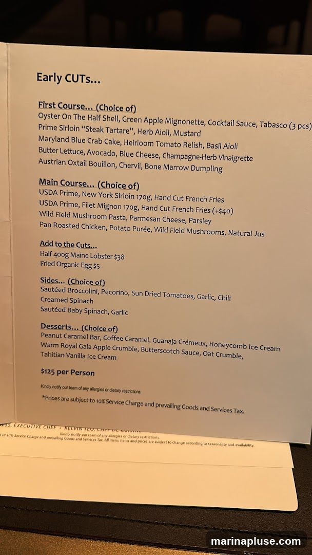 A menu with a multi-course meal option.