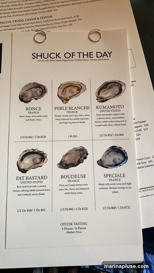 Menu featuring various oysters with descriptions and prices.