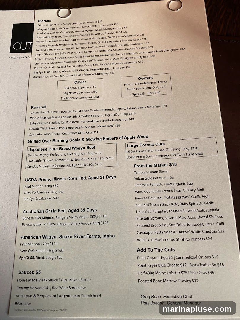 A menu with sections for Starters, Caviar, Oysters, Roasted, Grilled Over Burning Coals & Glowing Embers of Apple Wood, USDA Prime Illinois Corn Fed Aged 21 Days, Australian Grain Fed Aged 35 Days, American Wagyu Snake River Farms Idaho, Sauces, Large Format Cuts, From the Market, and Add To The Cuts.