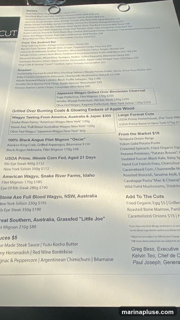 A menu with starters, seafood, roasted dishes, wagyu, USDA prime cuts, and market sides.