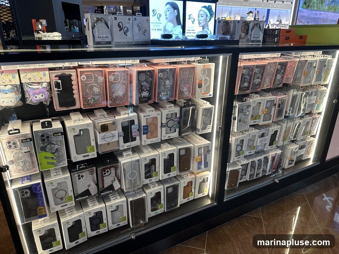 A well-lit display case filled with various phone cases. The cases are organized by brand and design, with many featuring popular characters like Hello Kitty and Cinnamoroll. Some cases are clear, while others have intricate patterns or solid colors. The display also includes accessories like AirPods cases.