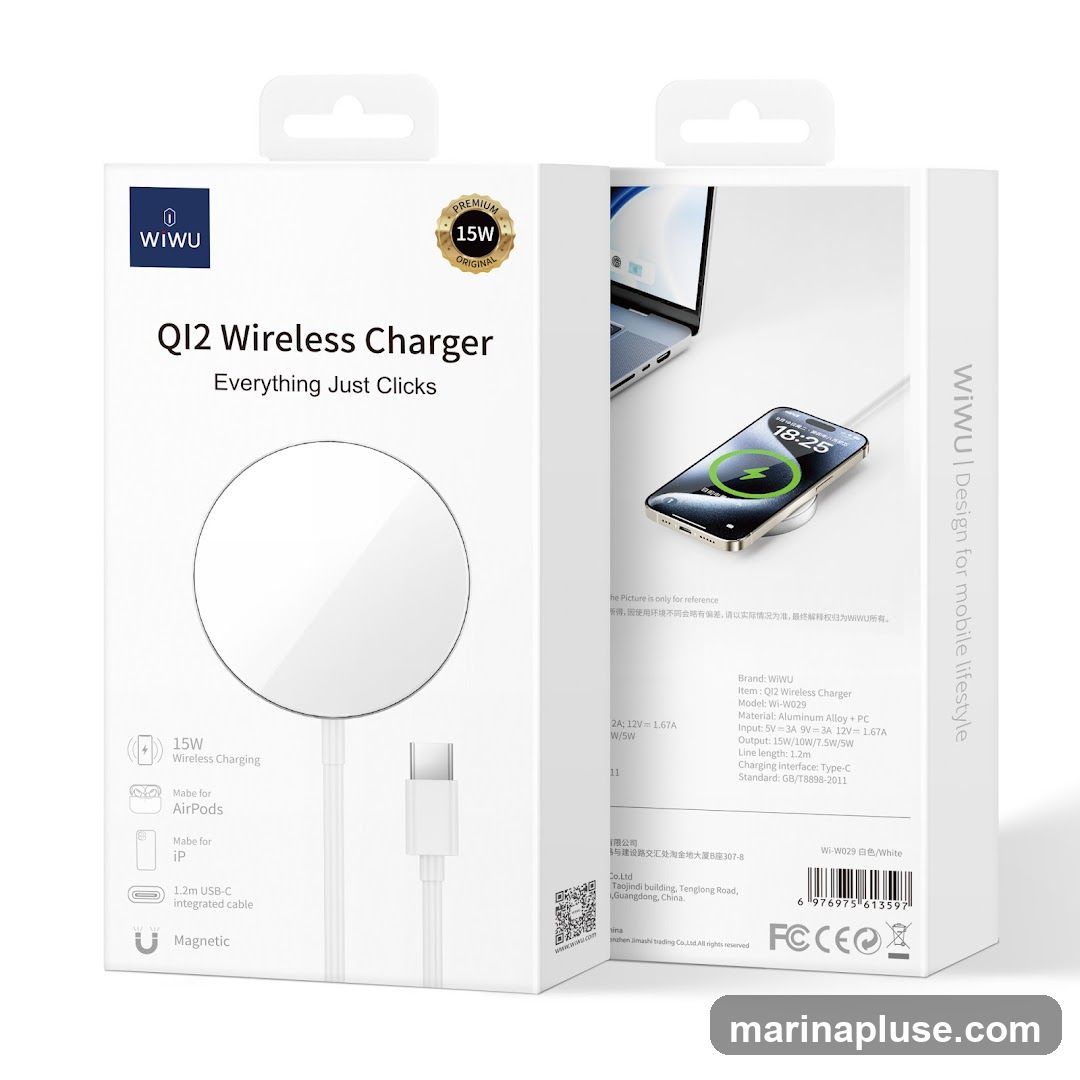 The image shows the packaging for a WIWU QI2 Wireless Charger. The front of the box features the product name, a tagline, and a circular graphic representing the charger. It also highlights key features like 15W wireless charging, compatibility with AirPods and iP, a 1.2m USB-C integrated cable, and magnetic functionality. The right side of the box displays an image of the charger in use with a laptop and a smartphone, along with product specifications and branding.