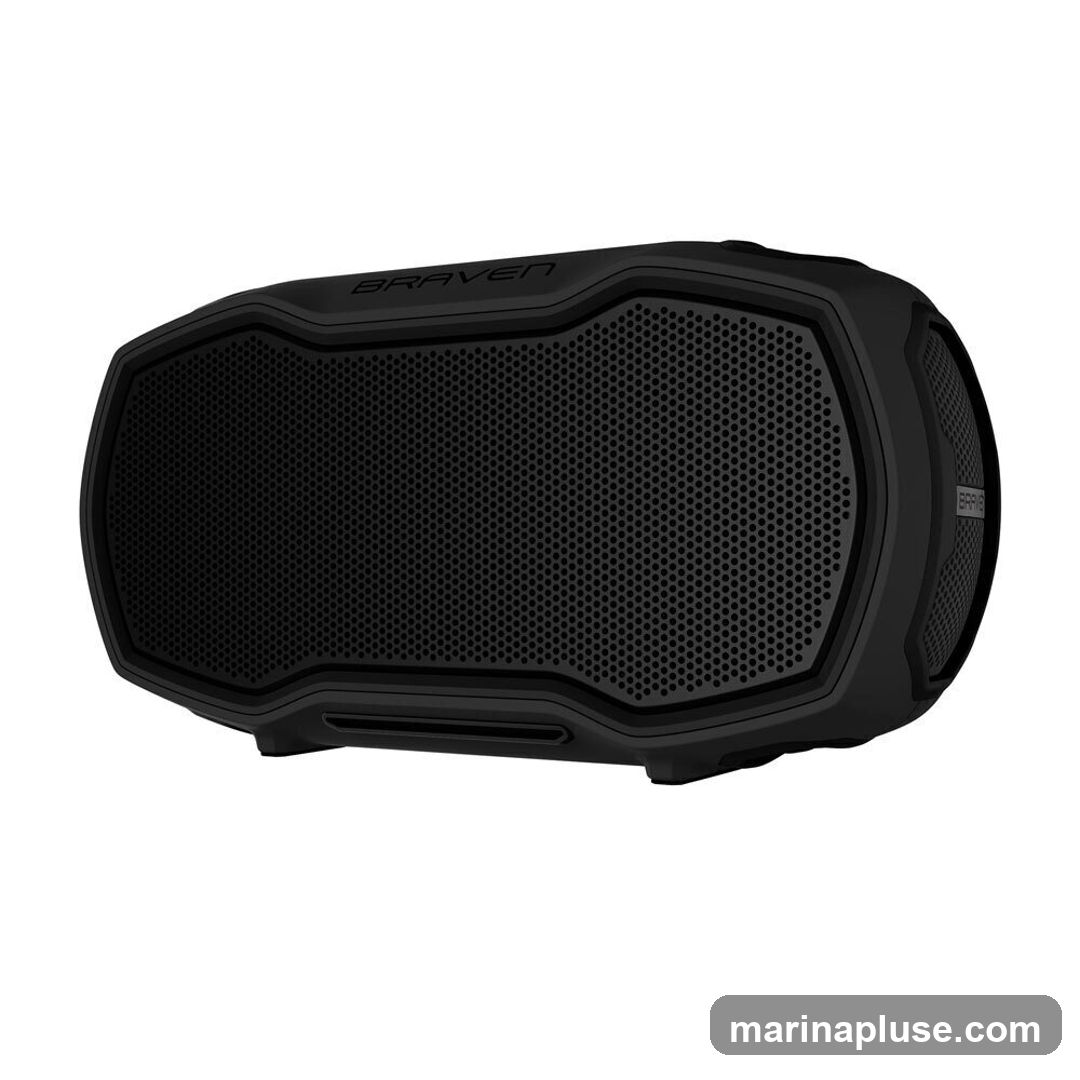 A black Braven portable speaker is shown against a white background. The speaker has a textured grille on the front and the Braven logo is visible on the top.
