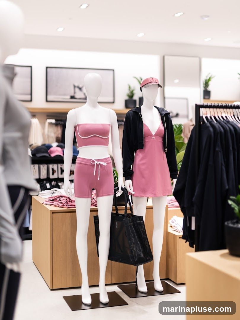 Two mannequins are displayed in a clothing store. The mannequin on the left is wearing a pink bandeau top and matching shorts. The mannequin on the right is wearing a pink dress with a black zip-up jacket and a pink cap. Both mannequins are holding a black tote bag. In the background, there are racks of clothing, shelves with folded items, and framed artwork on the wall.