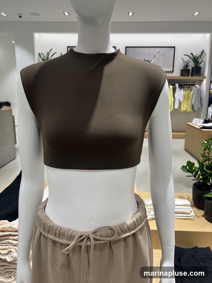 A mannequin is displayed wearing a dark brown sleeveless mock neck crop top and light brown sweatpants. The background shows a retail store interior with clothing racks, shelves with folded items, and plants.