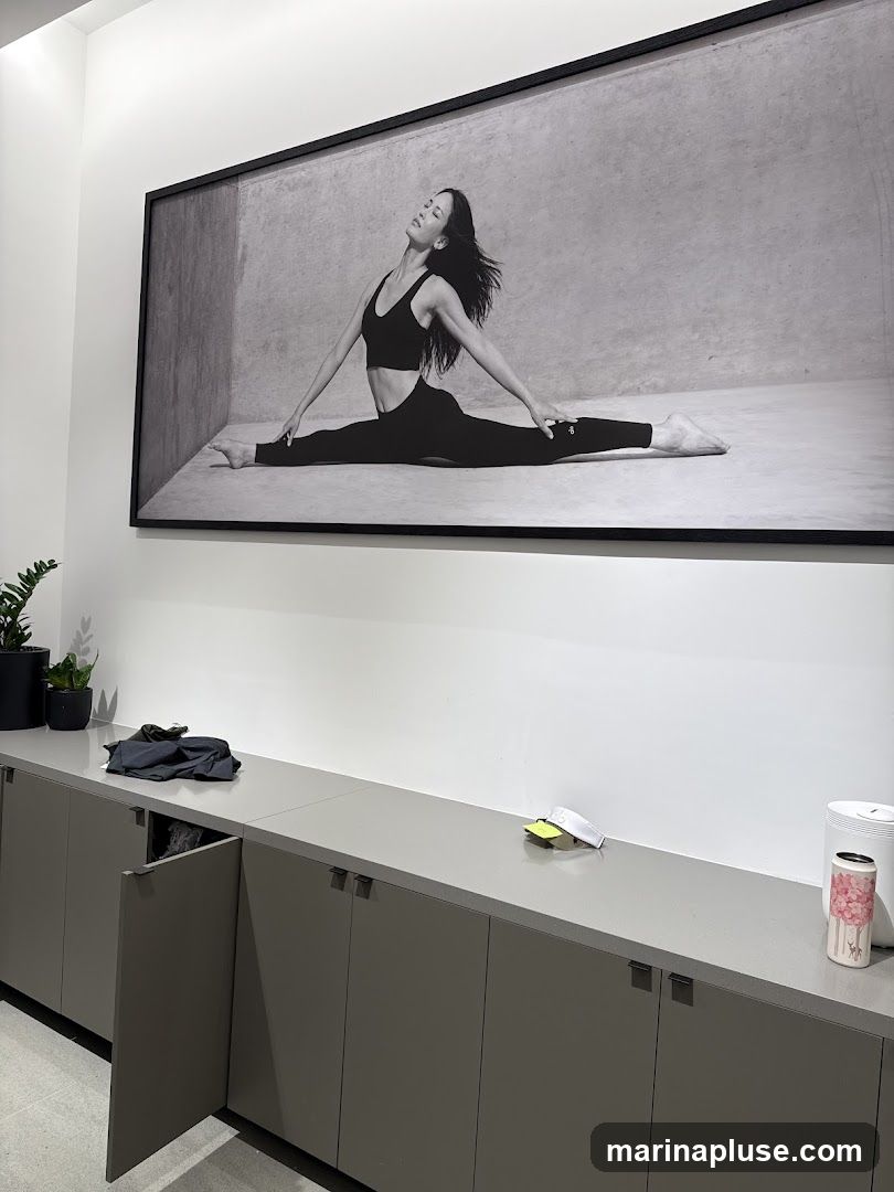 A large black and white framed photograph of a woman in a yoga split pose hangs on a white wall above a long, grey, modern storage cabinet. The cabinet has multiple doors, some of which are open, revealing storage space. On top of the cabinet, there are a few items including a black t-shirt, some papers, a white object, and a decorative cup. To the left, there are two potted plants.
