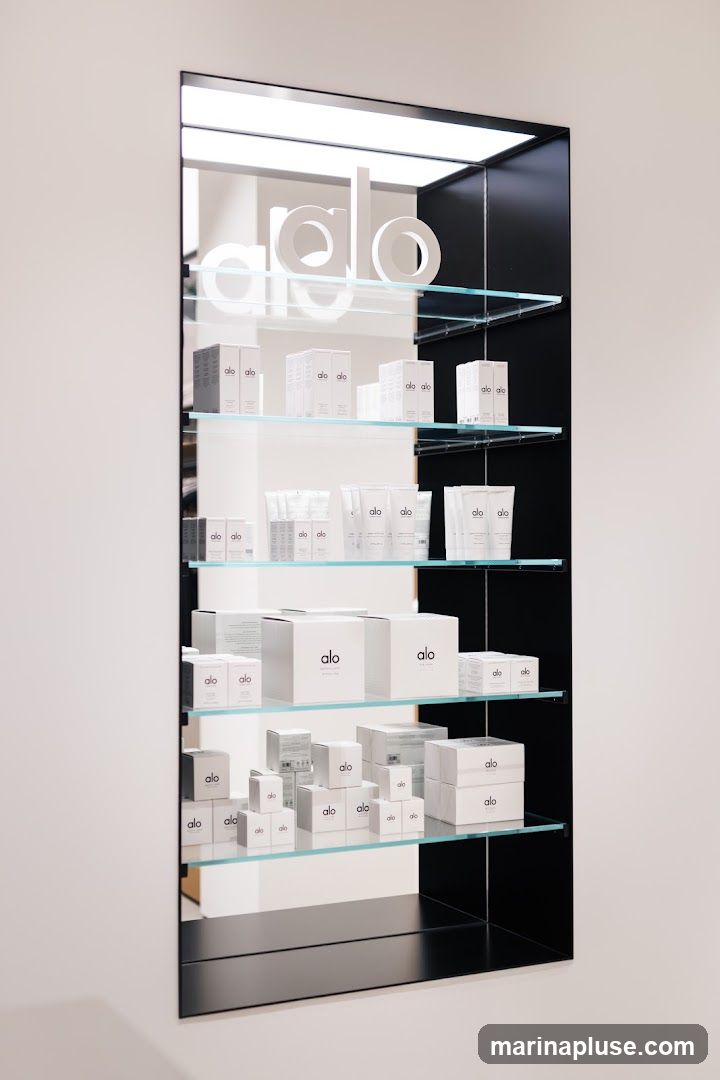 A mirrored display shelf showcasing various Alo Yoga branded skincare products. The products are neatly arranged on glass shelves against a black background. The Alo Yoga logo is visible in large white lettering at the top of the mirror.