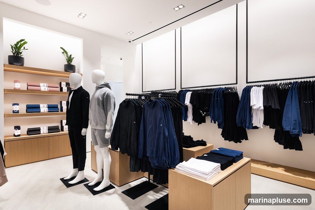 A bright and modern clothing store interior. On the left, shelves display yoga mats and other wellness products. Two mannequins are dressed in athletic wear. The right side of the store features racks of clothing, including jackets, t-shirts, and pants in black, blue, and white. Stacked t-shirts are also visible on display cubes.