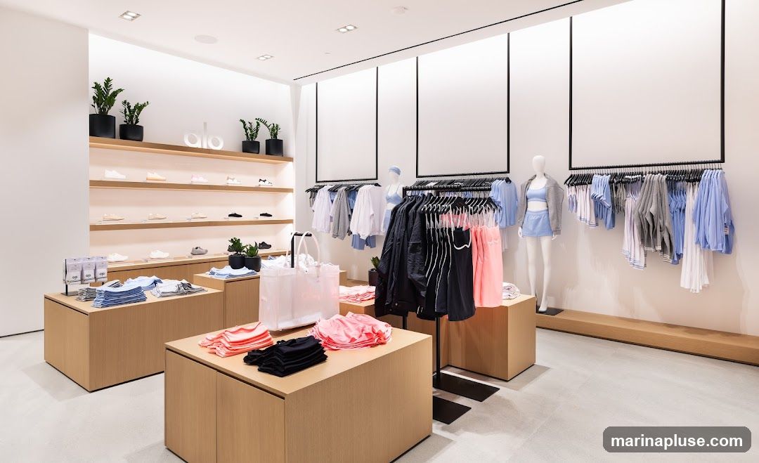 A well-lit, modern clothing store interior. Racks of athletic wear, including tops, bottoms, and jackets, are displayed. Mannequins showcase outfits. Shelves along the wall are stocked with various styles of shoes. Display tables in the foreground hold folded clothing items. The store features a minimalist design with light wood fixtures and white walls. The brand logo 'alo' is visible on a shelf.