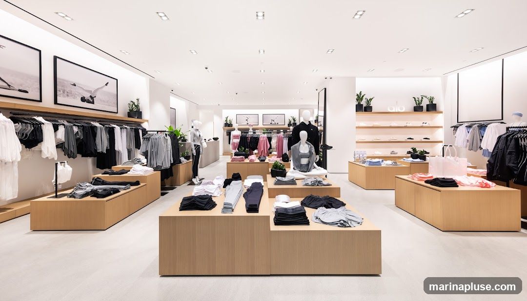 A bright and modern clothing store interior with racks of apparel, display tables, and mannequins. The store features minimalist decor with light wood fixtures and white walls. Framed artwork depicting athletic poses hangs on the walls. Shelving units display shoes and accessories.