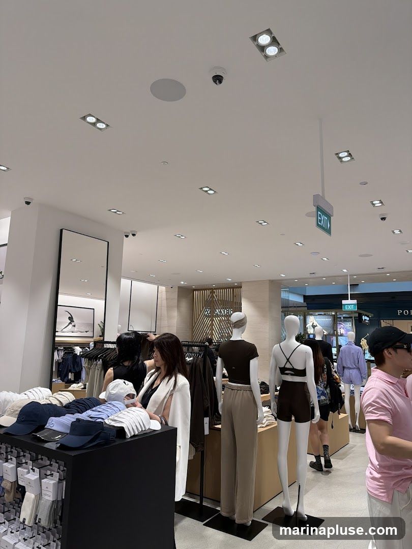 The image shows the interior of a clothing store. In the foreground, there is a display of hats and other accessories. Further back, mannequins are dressed in athletic wear. Racks of clothing are visible, and an "EXIT" sign hangs from the ceiling. Several customers are browsing the merchandise.