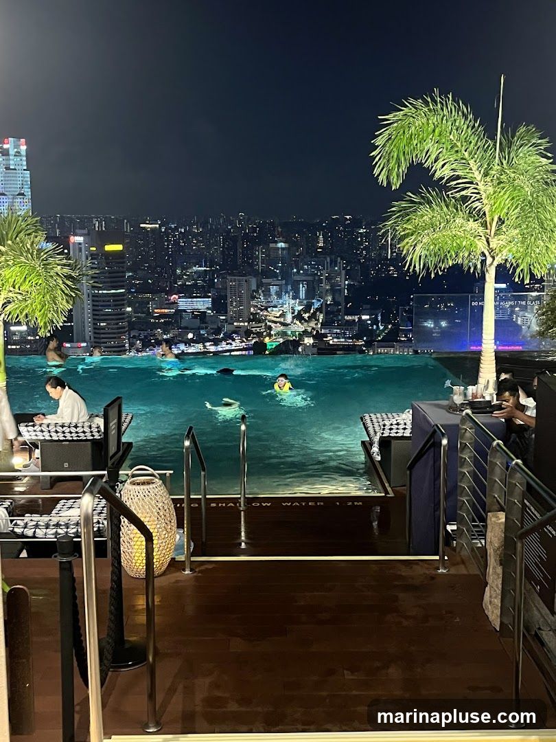 An infinity pool is illuminated at night, overlooking a sprawling cityscape. Several people are swimming and relaxing in the pool. Palm trees frame the scene, and lounge chairs with patterned cushions are visible along the poolside. The wooden deck has a "SHALLOW WATER 1.2M" marker.