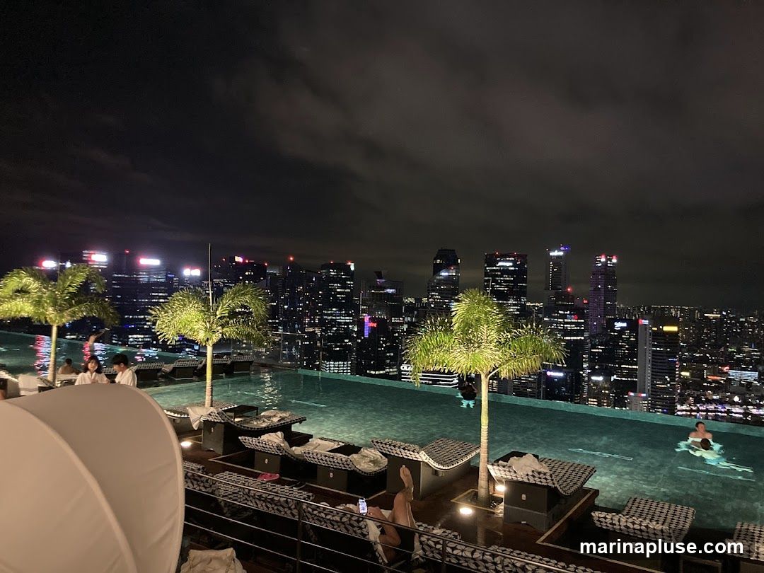 An infinity pool on a rooftop at night, overlooking a city skyline. There are lounge chairs around the pool, and several people are in the water. Palm trees are scattered around the pool area. The city lights are bright against the dark sky.