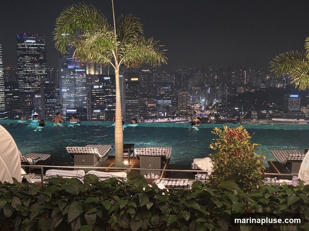 An infinity pool on a rooftop overlooks a sprawling cityscape at night. Several people are swimming in the pool, while lounge chairs are arranged on the deck. Palm trees and lush greenery add to the ambiance. The city lights create a dazzling backdrop.