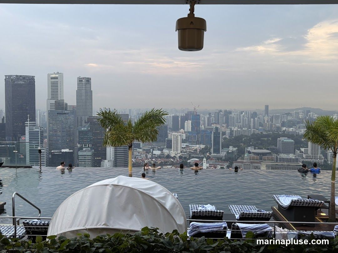 An infinity pool with several people swimming is set against a sprawling cityscape under a hazy sky. Palm trees are visible near the pool's edge, and lounge chairs with striped towels are arranged on a deck. The view includes numerous skyscrapers and buildings in the distance.