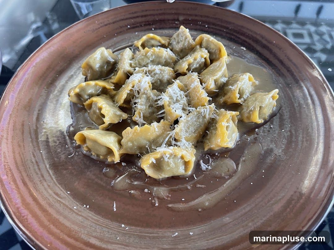 A close-up shot of a plate of pasta, likely tortellini, served in a light brown sauce and topped with grated cheese. The pasta is golden yellow and appears to be filled. The plate is a rustic brown with a subtle iridescent sheen. The dish is presented on a dark surface, possibly a table, with hints of a patterned background visible.