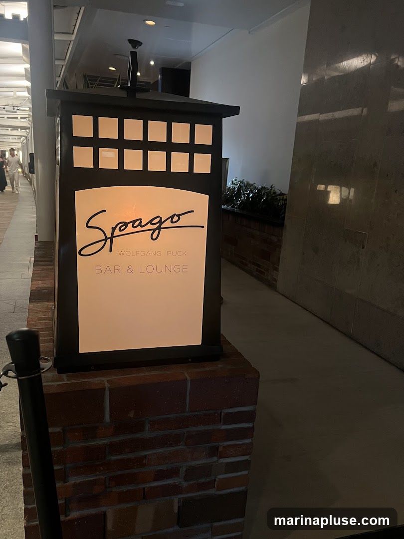 A lit sign with the Spago Wolfgang Puck Bar & Lounge logo is mounted on a brick base. The sign is illuminated from within and features the Spago logo in a script font, with "WOLFGANG PUCk" and "BAR & LOUNGE" in smaller text below. The sign is part of the exterior of the establishment.