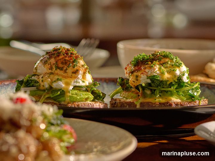 Two plates of Eggs Benedict are shown, each served on toast with avocado and greens, topped with hollandaise sauce and chives. The dish is garnished with paprika and herbs. In the foreground, another plate with a blurred dish is visible. The background is out of focus, showing a table setting with cutlery and bowls.