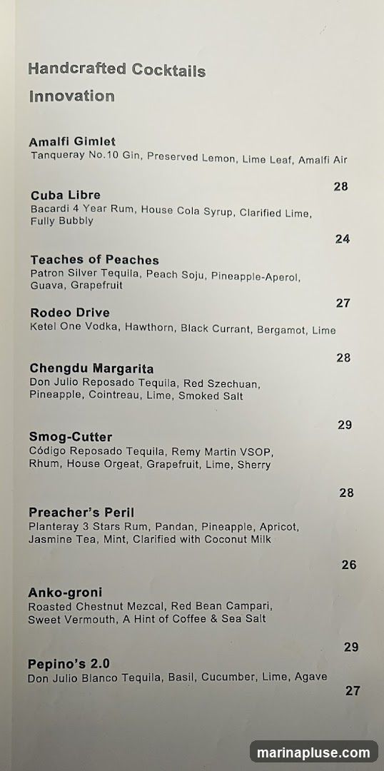 A menu of handcrafted cocktails with their ingredients and prices.