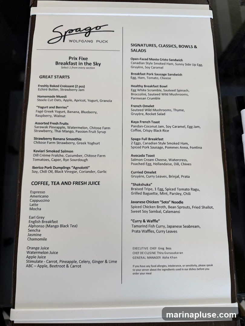 A breakfast menu with sections for Great Starts, Coffee/Tea/Juice, and Signatures/Classics/Bowls/Salads.