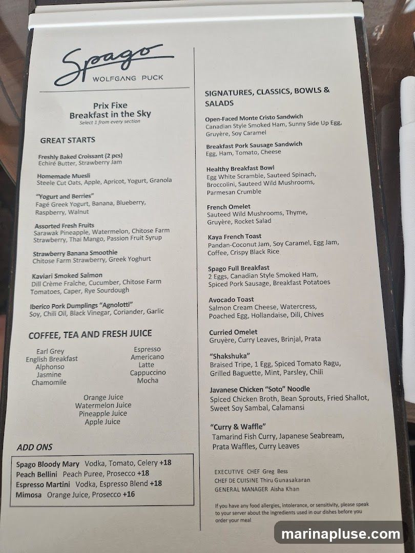 A breakfast menu with sections for Prix Fixe, Great Starts, Coffee/Tea/Juice, Add Ons, and Signatures/Classics/Bowls/Salads.
