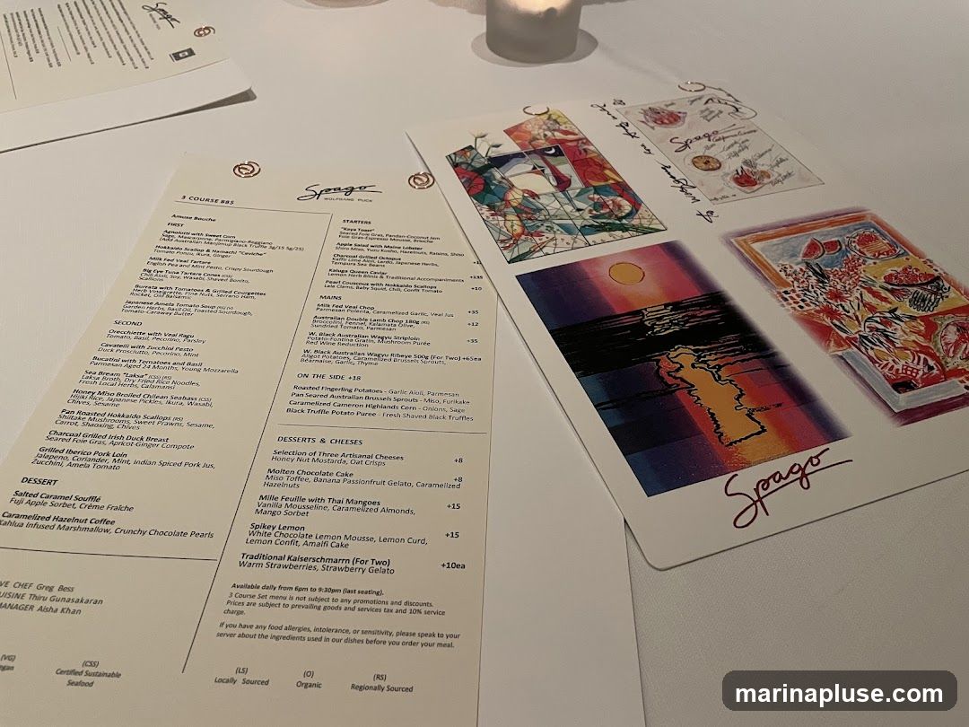 A menu from Spago with sections for Starters, Mains, On the Side, Desserts & Cheeses, and Desserts.