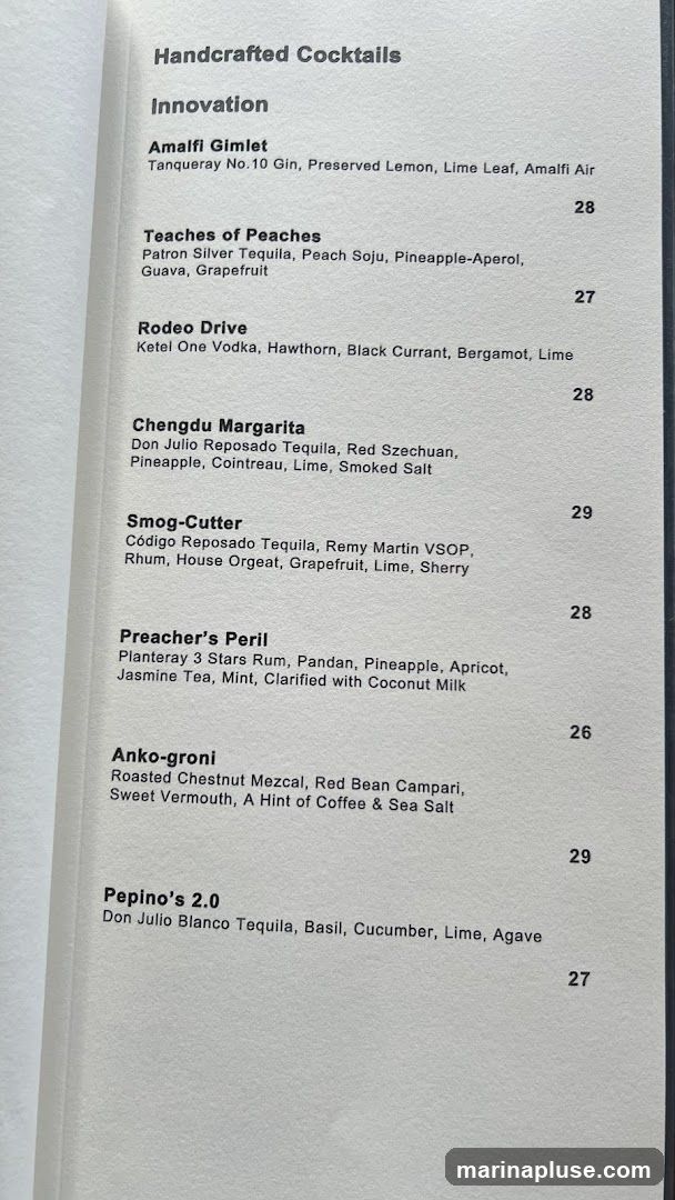A menu of handcrafted cocktails under the 'Innovation' category.