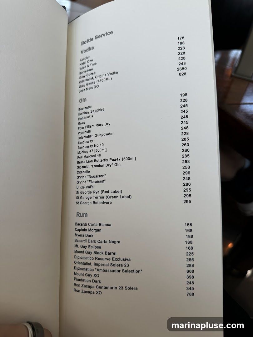 A menu listing various bottles of vodka, gin, and rum available for purchase.