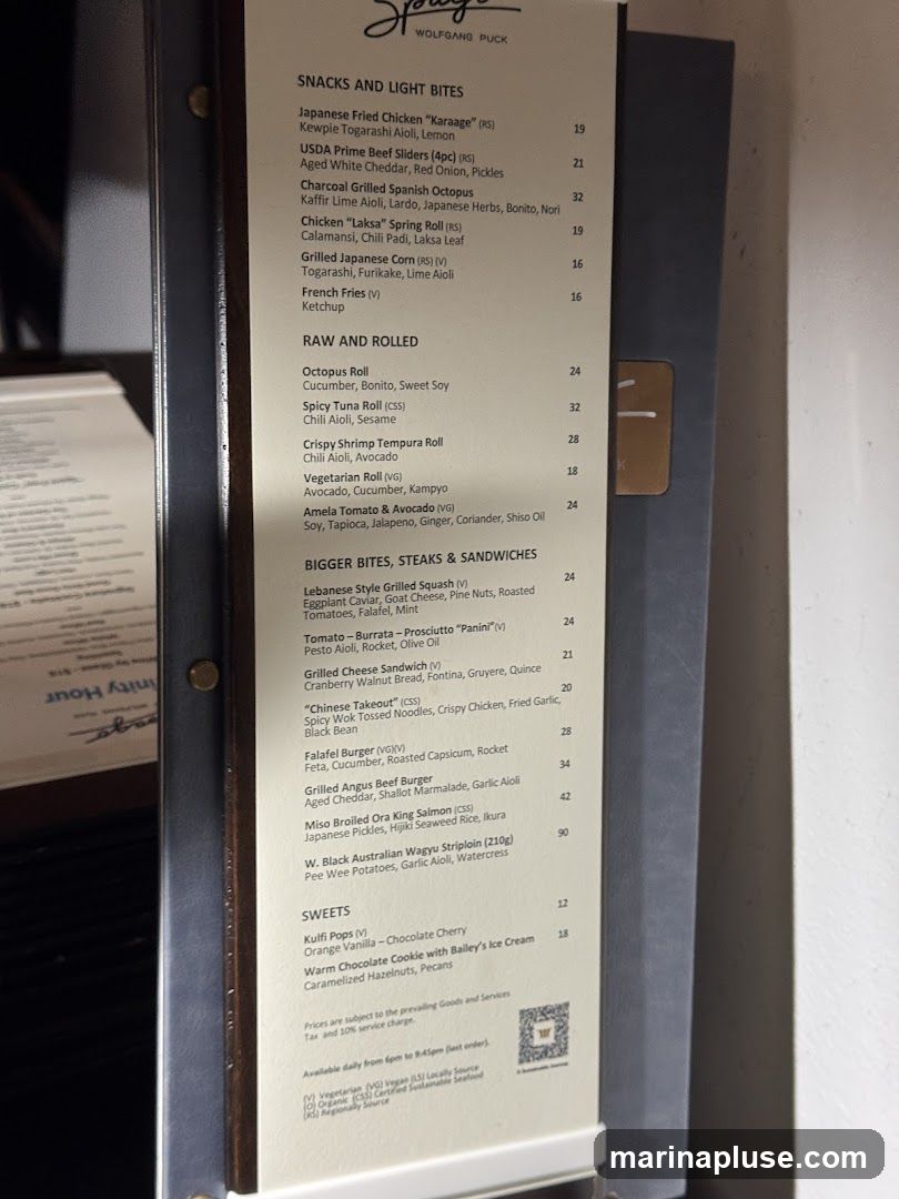 A menu with sections for Snacks and Light Bites, Raw and Rolled, Bigger Bites, Steaks & Sandwiches, and Sweets.