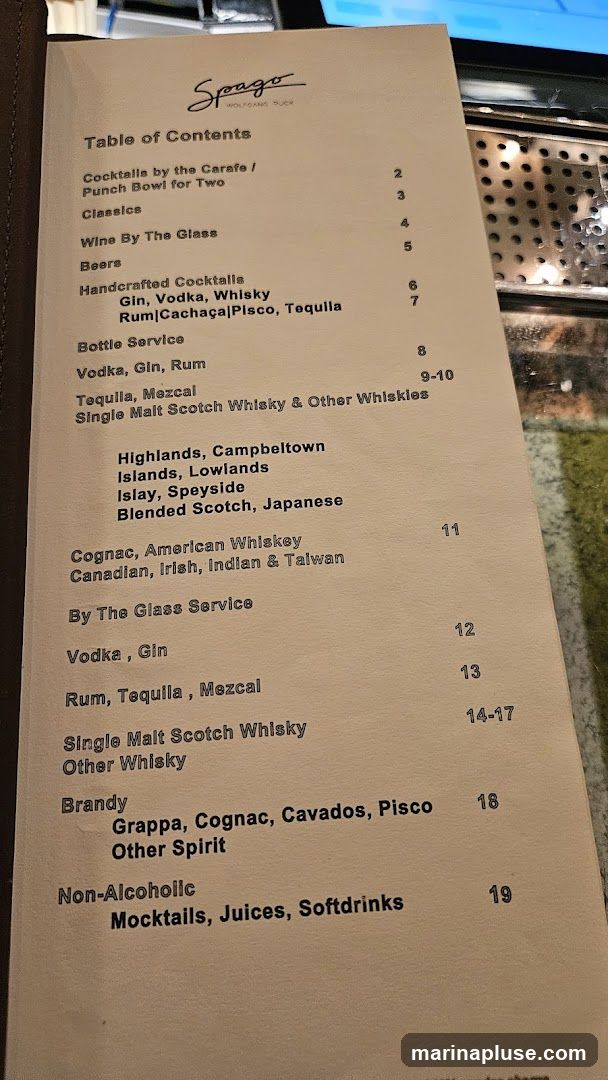 A menu from Spago, featuring a table of contents for various drink categories.